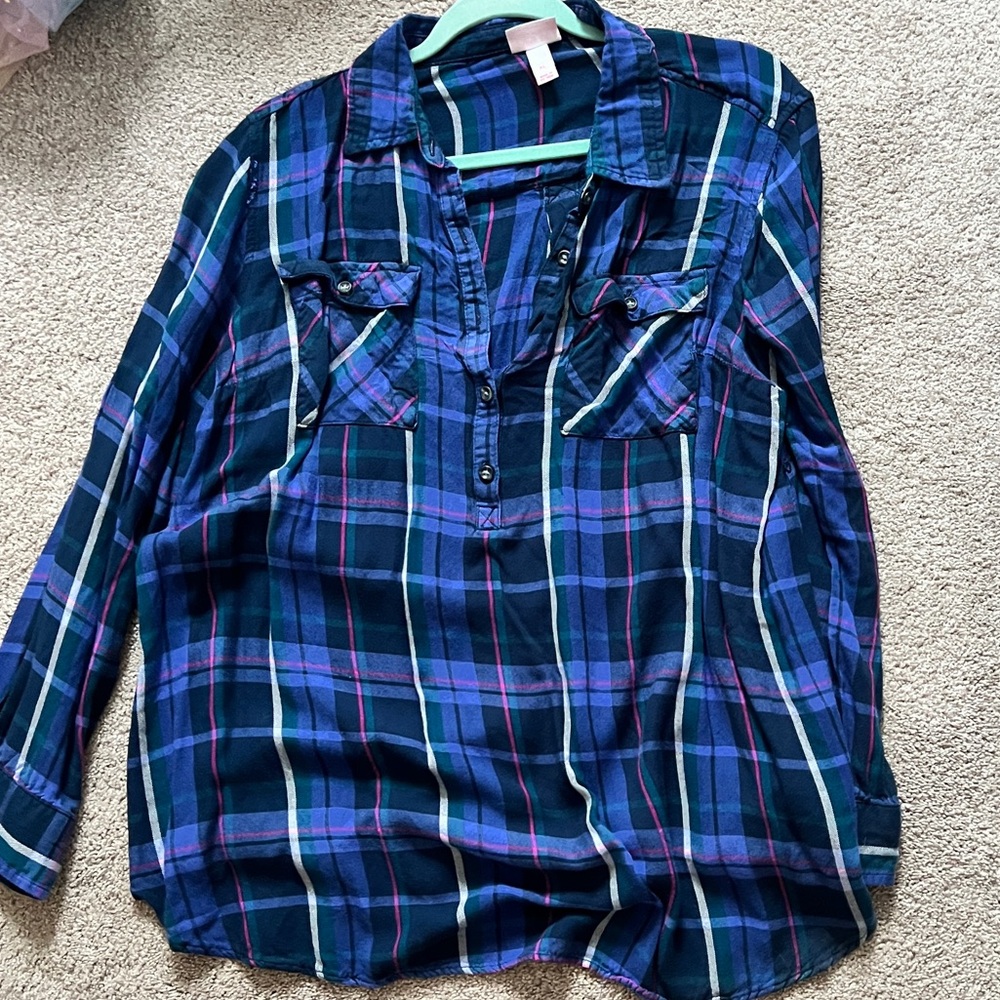 Isabel Maternity Plaid Button Down Shirt - Blue and Purple